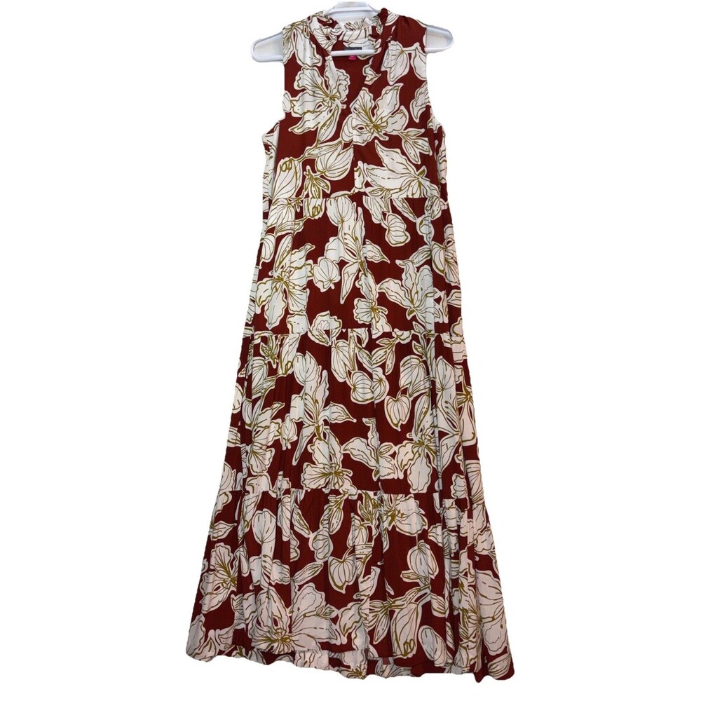 Vince Camuto Maxi Dress Sz L Rust White Floral Sleeveless Tiered Pockets V-neck